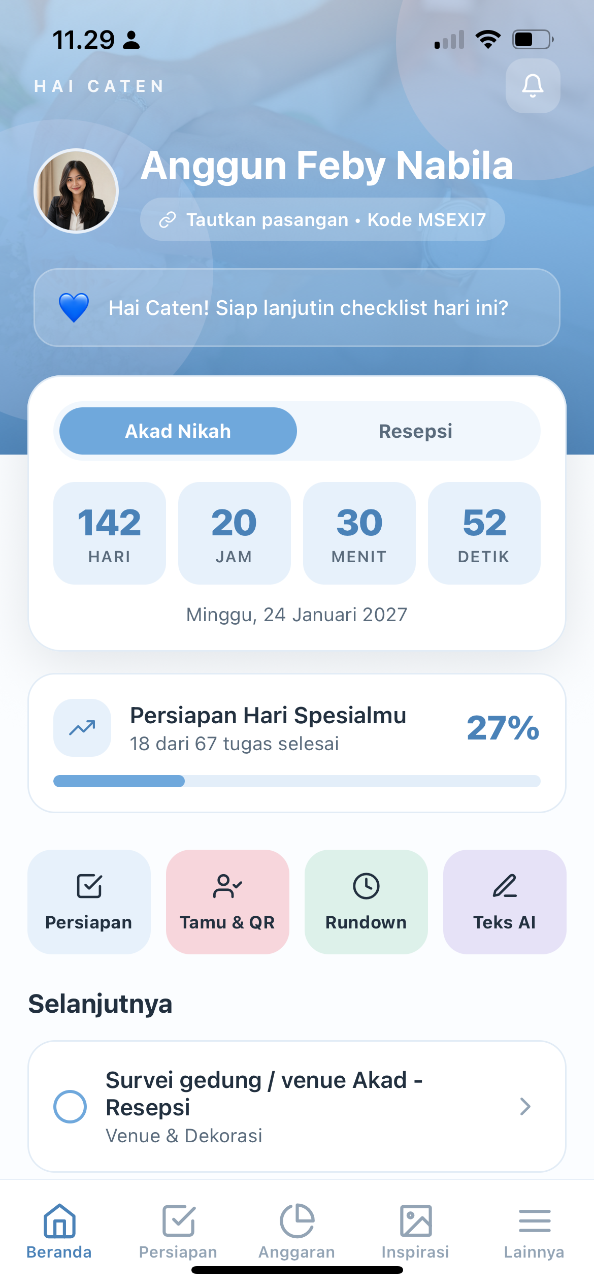Dashboard Hai Caten menampilkan countdown dan progress persiapan pernikahan